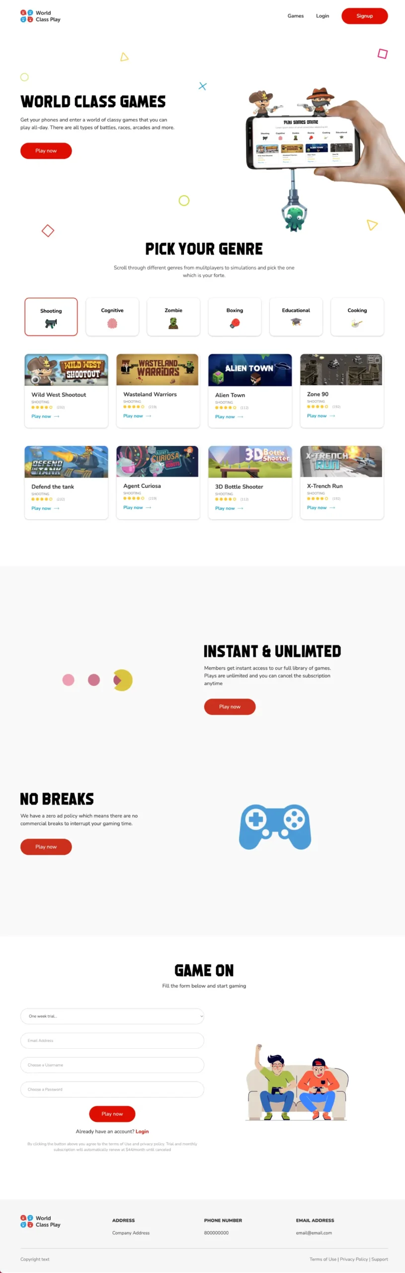 World Class Gaming Landing Page Template full page